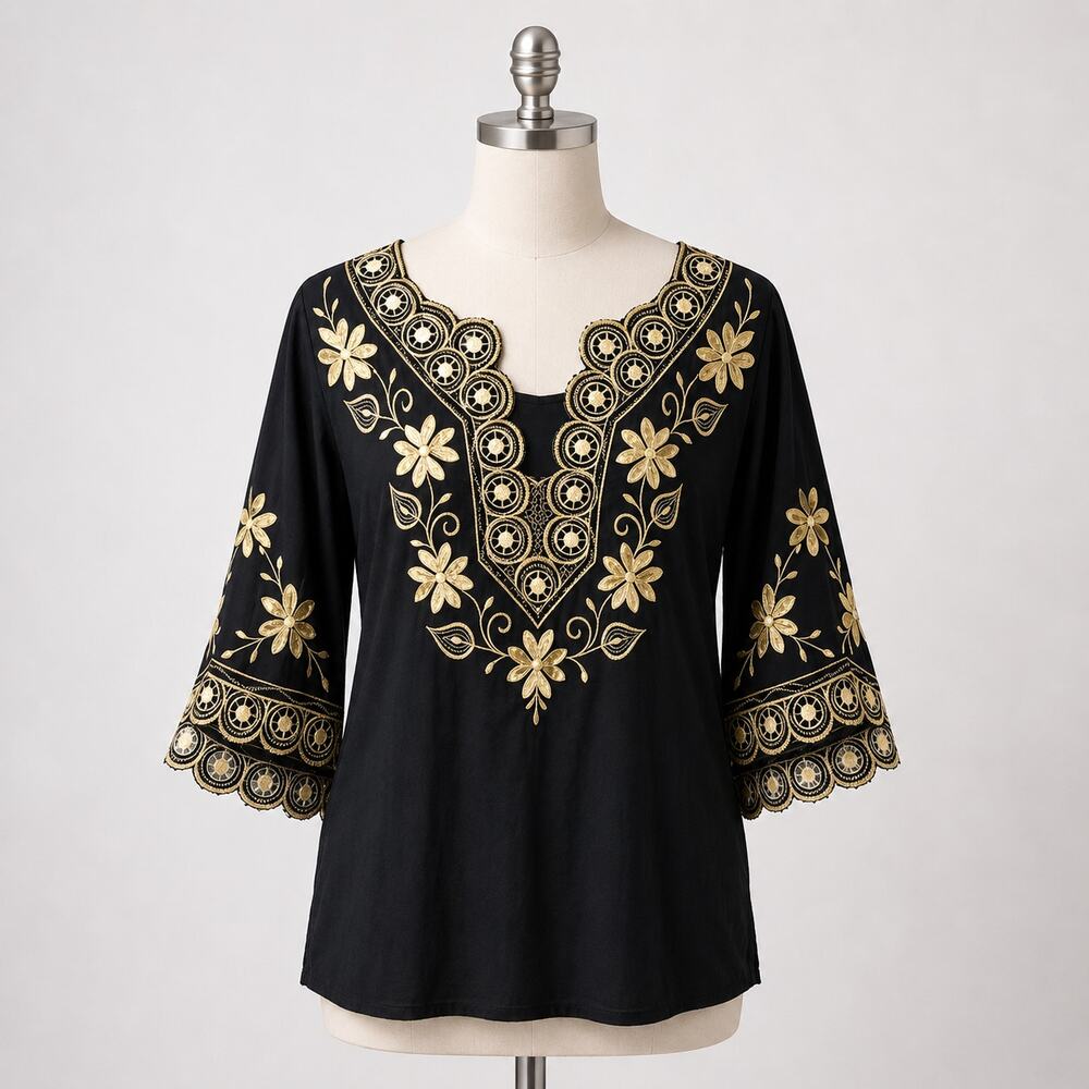 Vintage Embroidered Top Peasant Top Mexico Black Yellow Floral